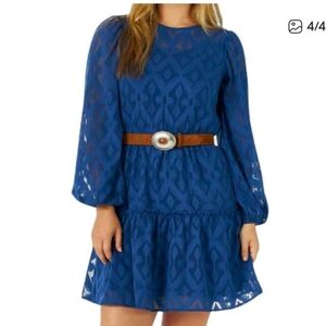 Blue Long-Sleeve Tiered Dress with Belt